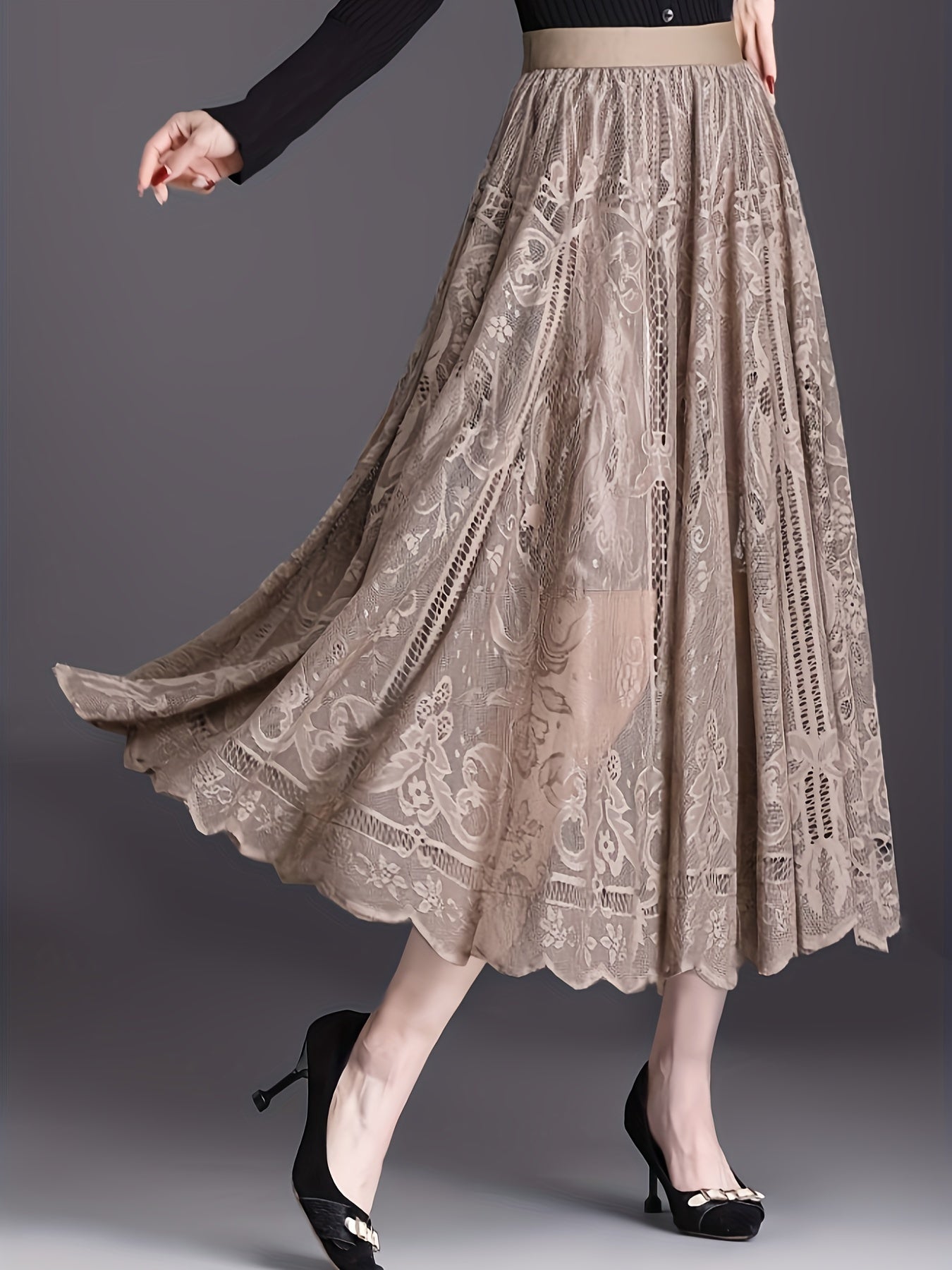 Hollow Out Scallop Hem Lace Skirt, Casual Elastic Waist A-line Skirt, Women's Clothing