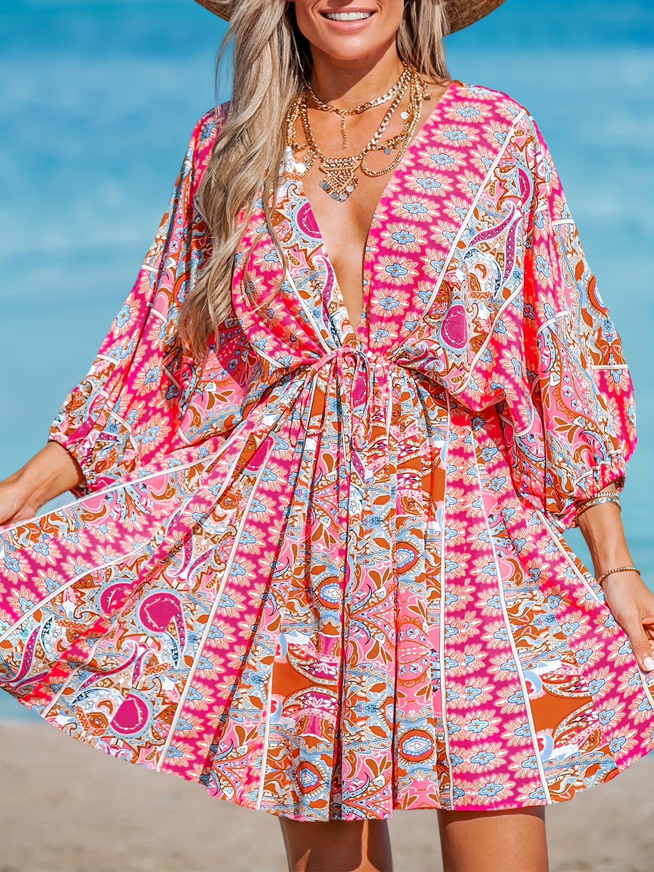 vlovelaw Floral Print V Neck Dress, Casual Lantern Sleeve Tie Back Dress For Vacation, Women's Clothing