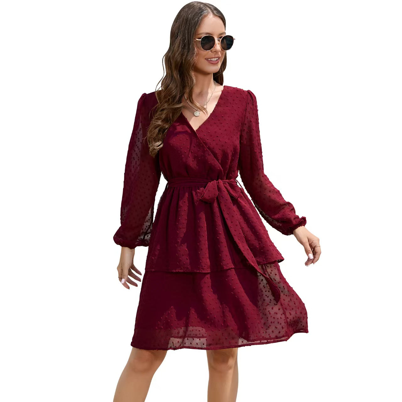 Vlovelaw Swiss Dot V-Neck Dress With Belt(3 Colors)