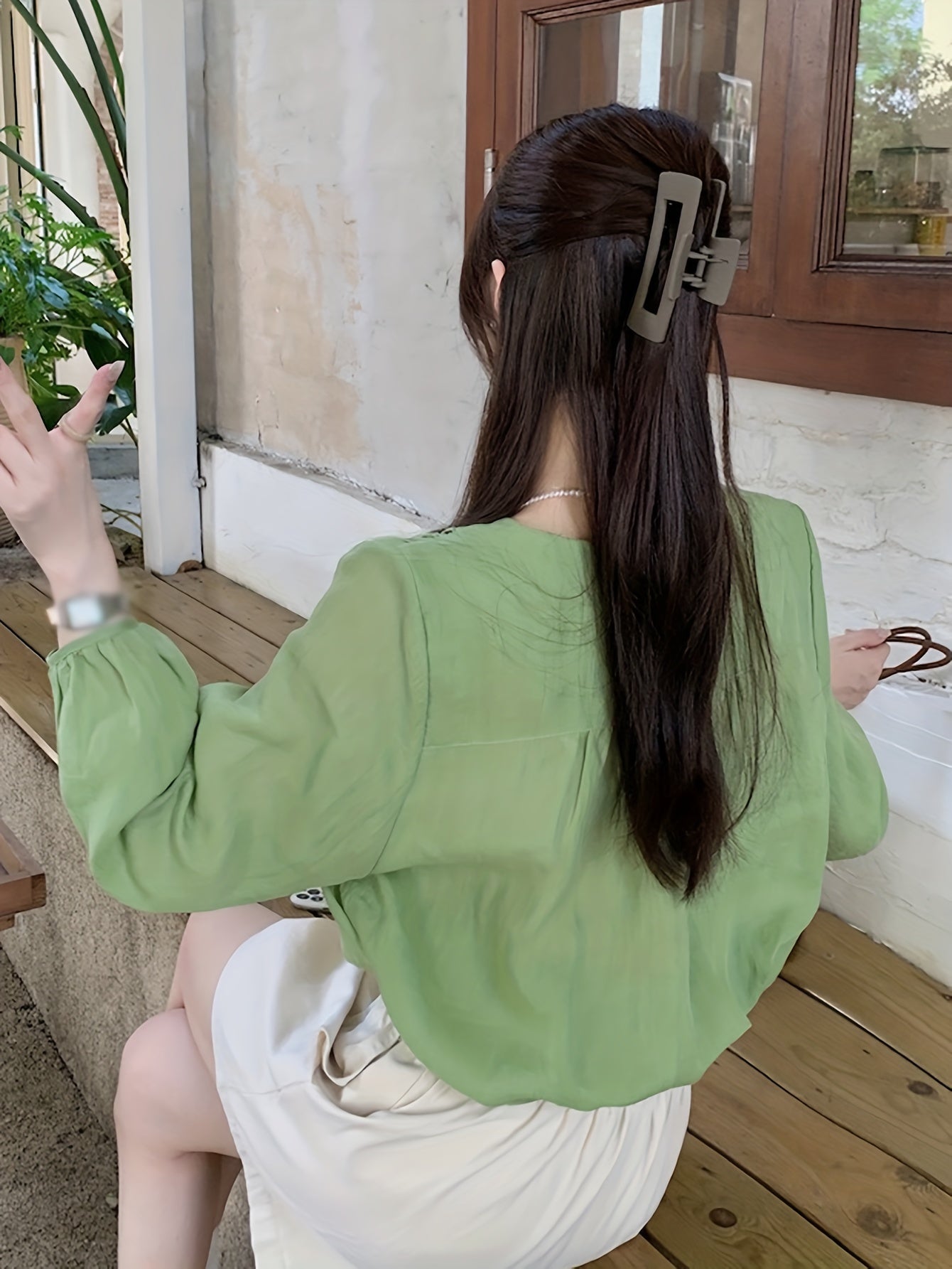 vlovelaw Button Front Solid Blouse, Casual V Neck Long Sleeve Blouse, Women's Clothing