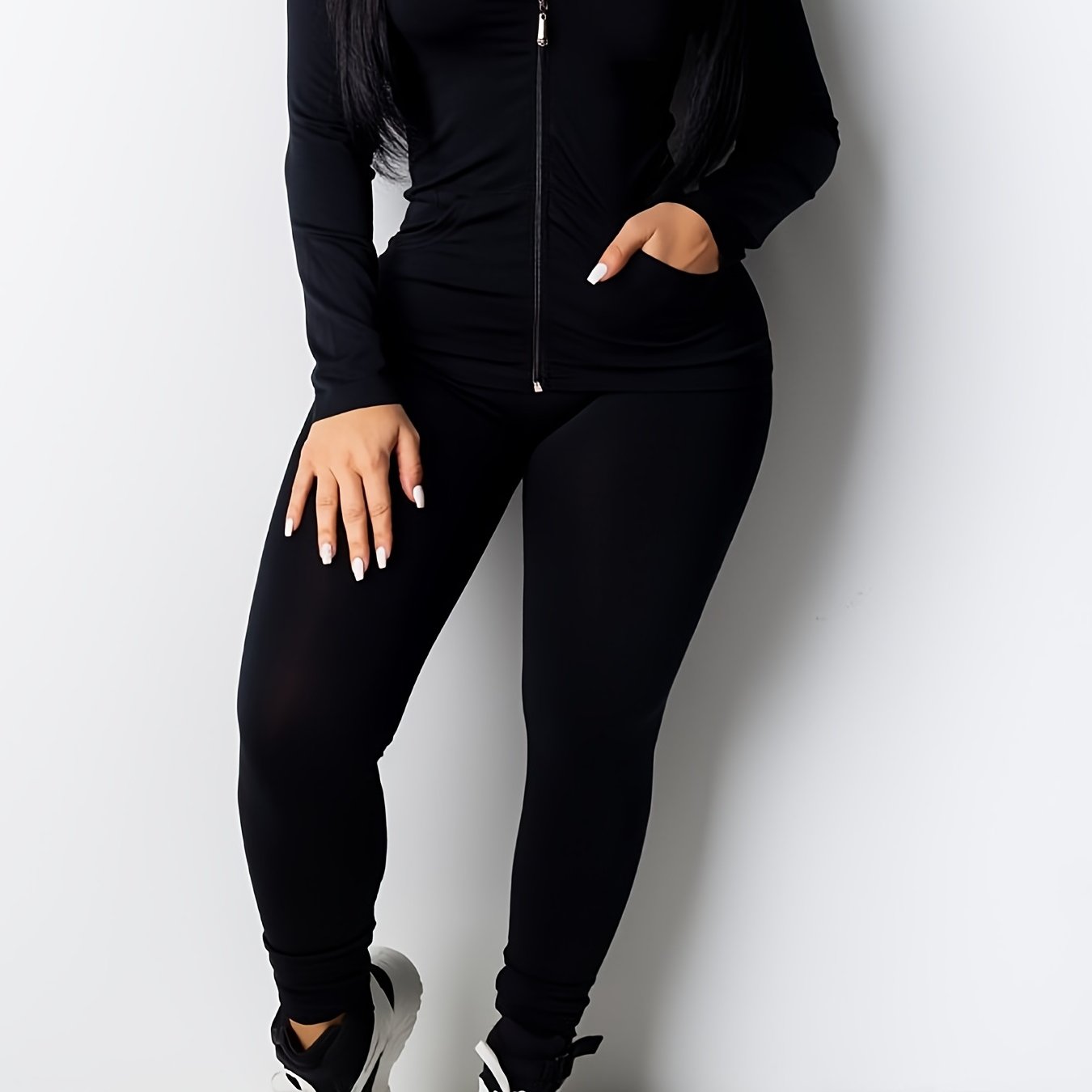 vlovelaw Solid Workout 2 Pieces Set, Drawstring Zip Up Hoodies With Pockets & Elastic Waist Jogger Pants Outfits, Women's Clothing