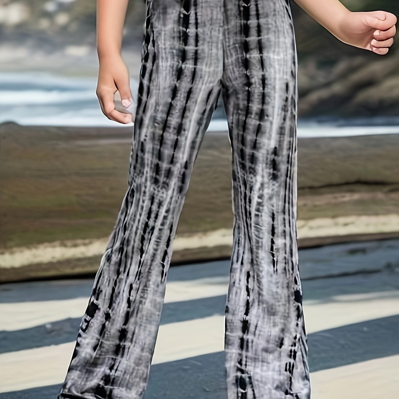 Girls Stylish Black Tie Dye Print Knit High Waisted Flare Leg Pants, Slim Fitting