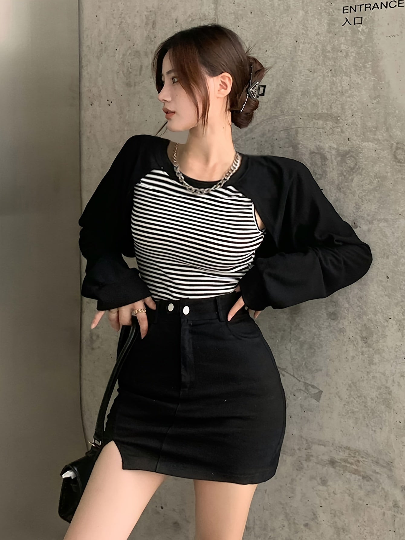 vlovelaw Striped Faux Twinset Crop T-Shirt, Stylish Long Sleeve Top For Spring & Fall, Women's Clothing