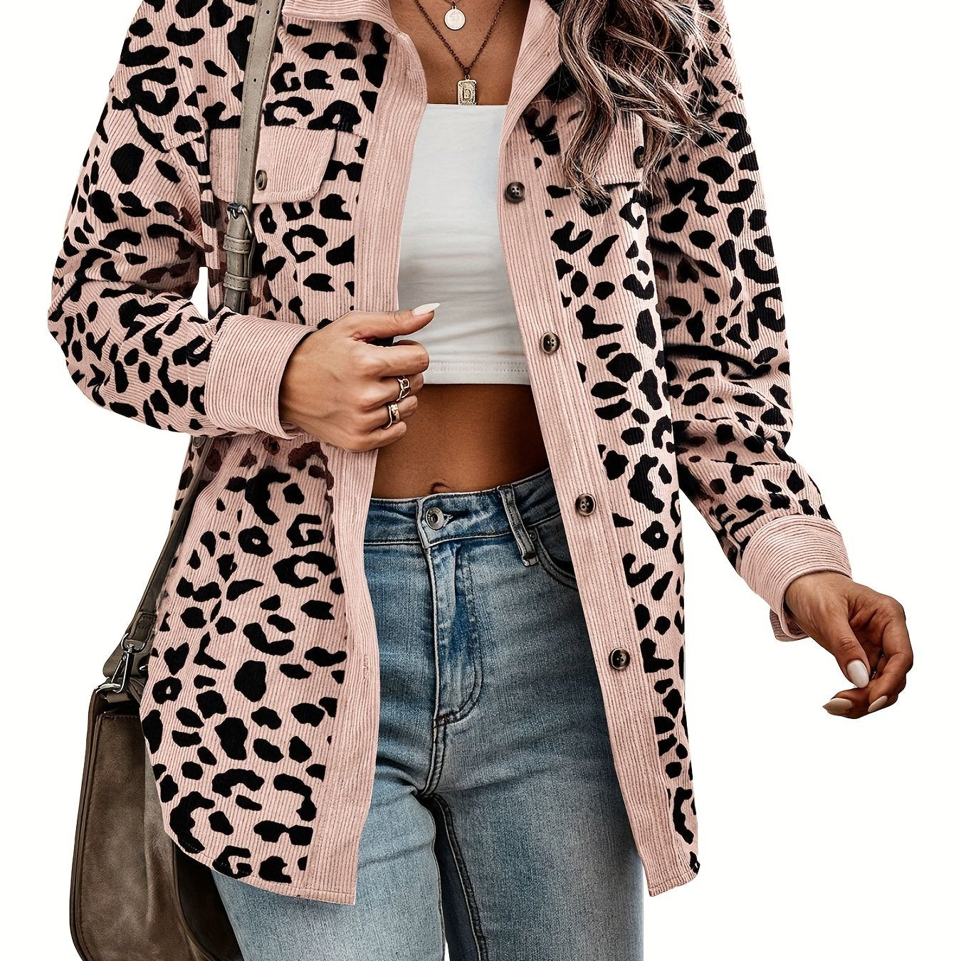 vlovelaw Leopard Print Shacket Jacket, Casual Button Front Turn Down Collar Long Sleeve Outerwear, Women's Clothing