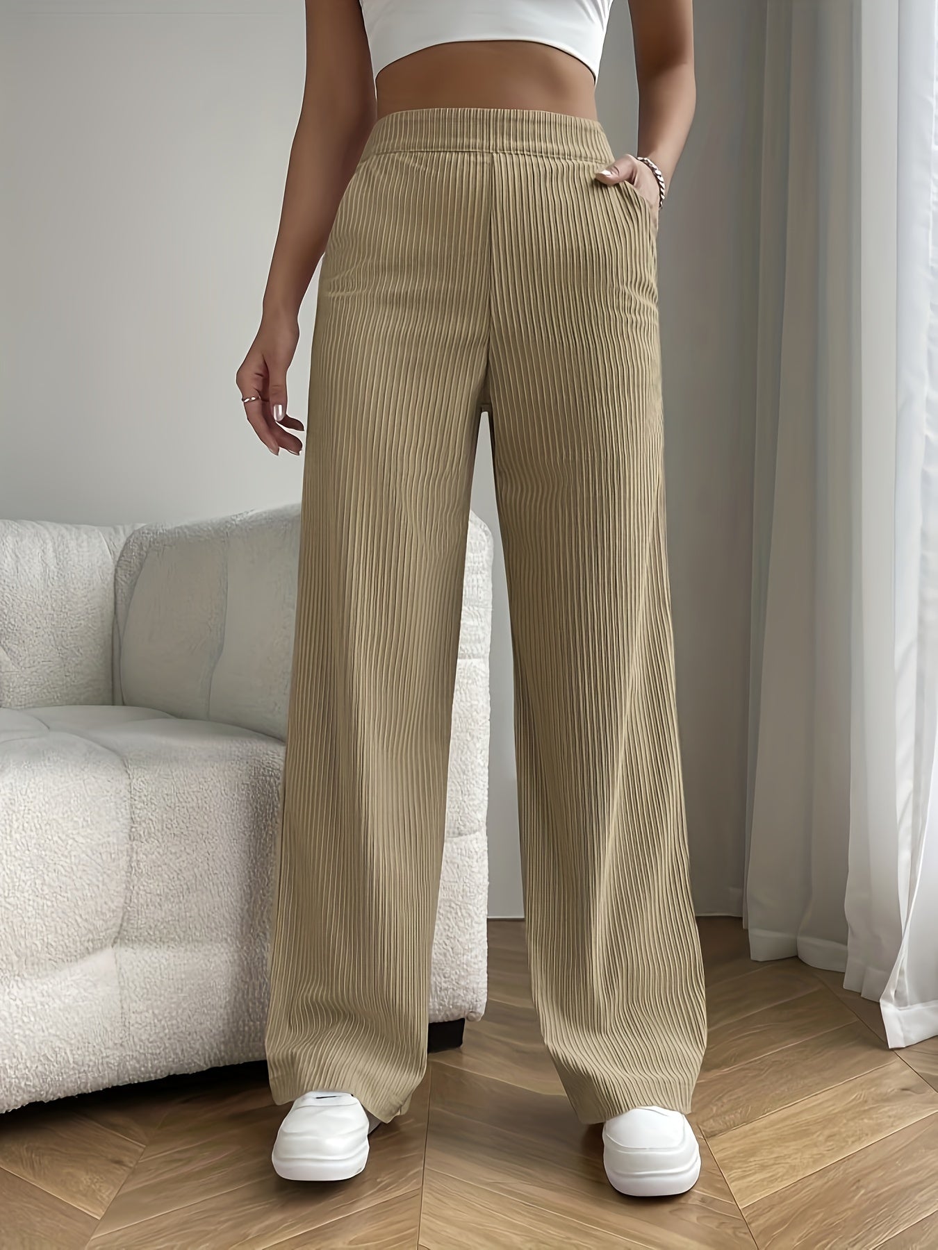 vlovelaw Solid Color Ribbed Casual Pants, Elastic Waist Running Sports Wide Leg Pants, Women's Activewear