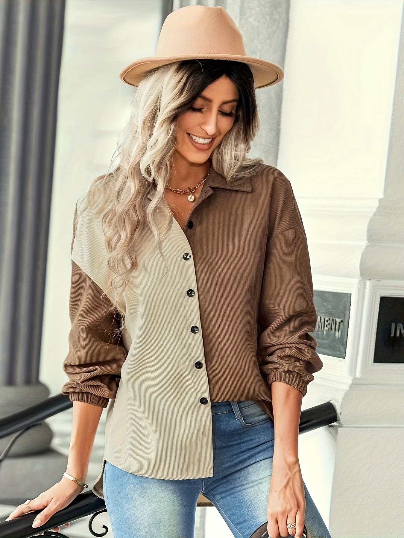 Color Block Button Front Shirt, Casual Long Sleeve Lapel Shirt, Women's Clothing
