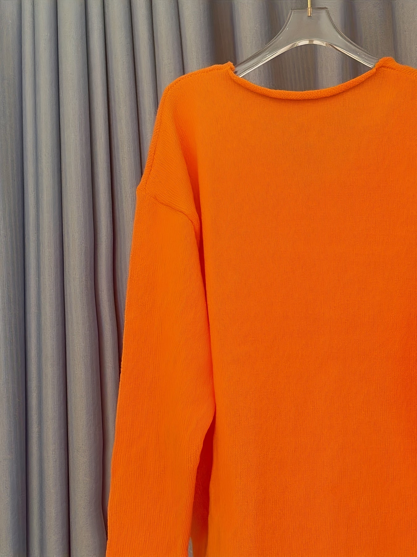 Letter Pattern V Neck Oversized Sweater, Casual Long Sleeve Rolled Trim Sweater, Women's Clothing