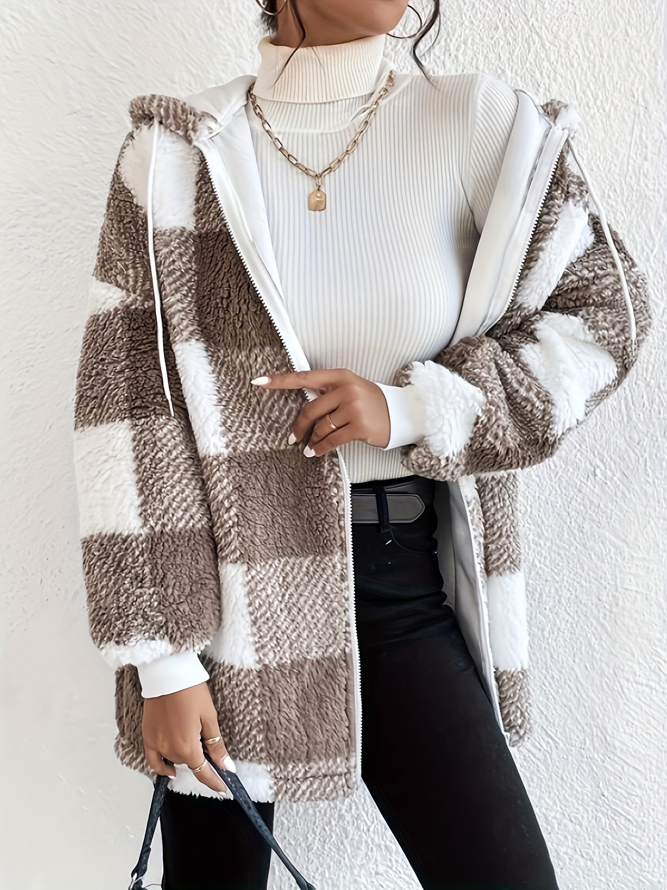 vlovelaw  Plaid Print Teddy Hooded Jacket, Casual Zip Up Drawstring Outerwear, Women's Clothing