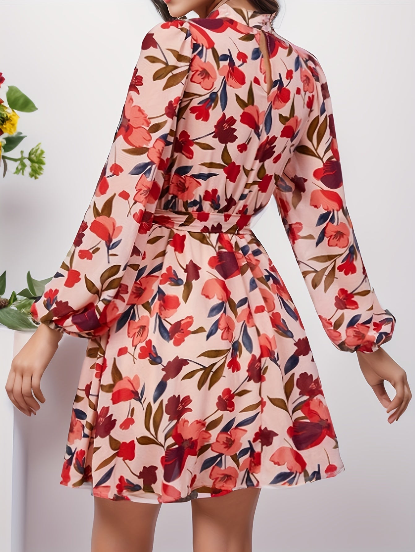vlovelaw Floral Print Lantern Sleeve Dress, Casual Mock Neck Tied Waist Dress, Women's Clothing