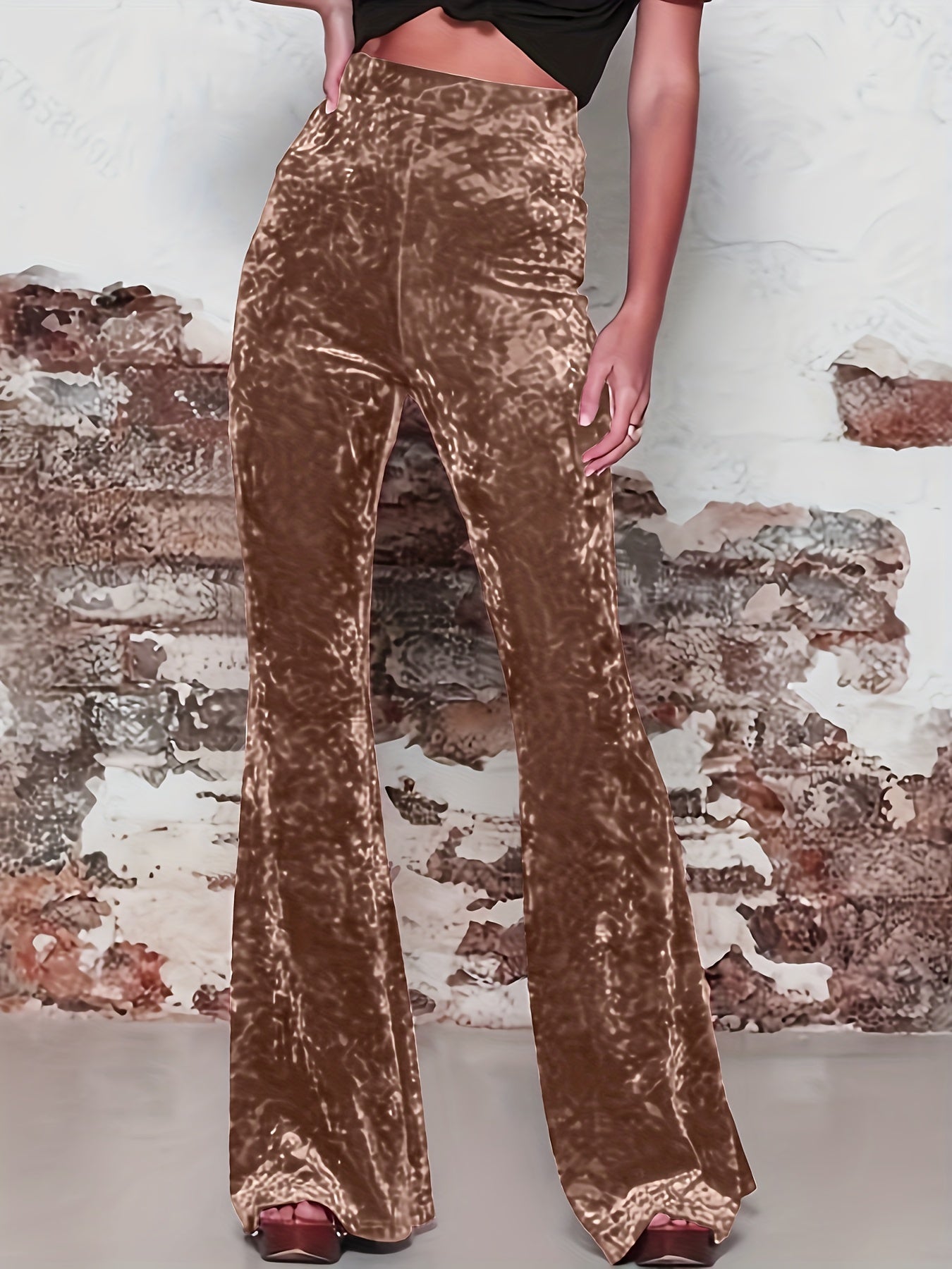 vlovelaw High Waist Solid Velvet Pants, Boho Every Day Flare Leg Pants For All Season, Women's Clothing