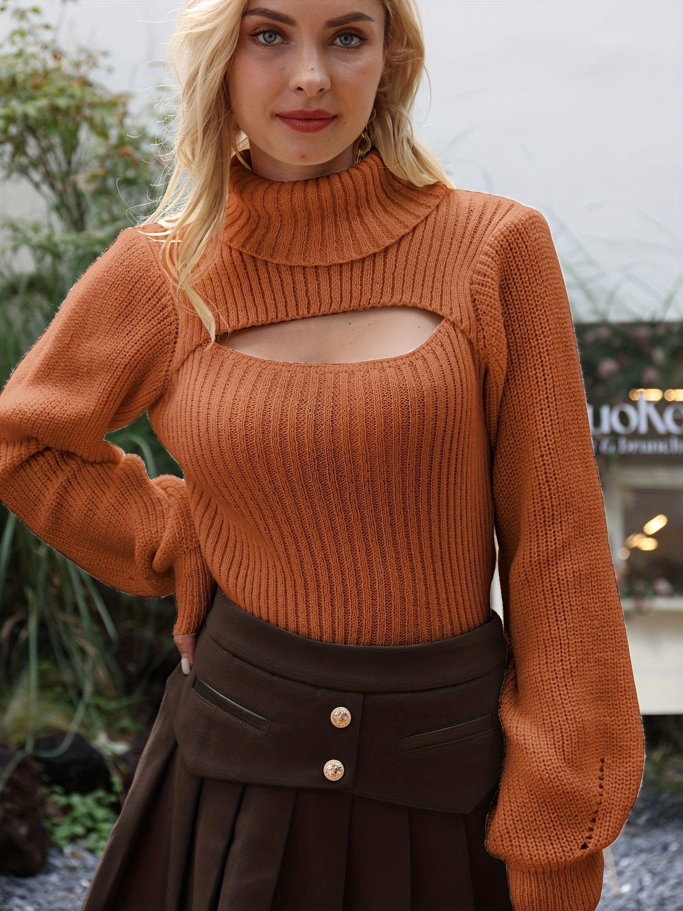 vlovelaw Sexy High Neck Sweater, Long Sleeve Sexy Cut Out Casual Sweater For Spring & Fall, Women's Clothing