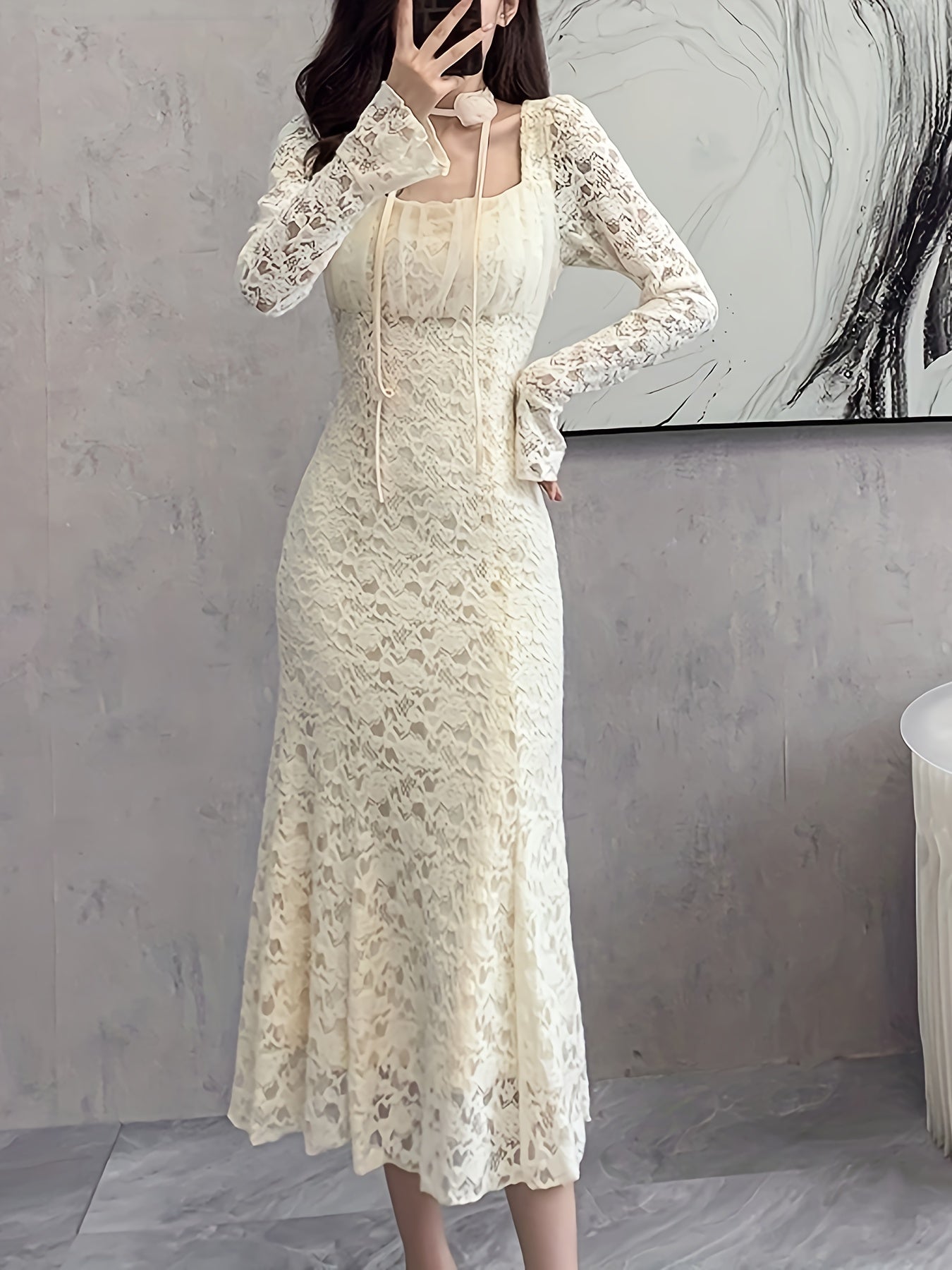 vlovelaw Square Neck Lace Trumpet Dress, Chic Long Sleeve Ruched Mid Calf Dress, Women's Clothing