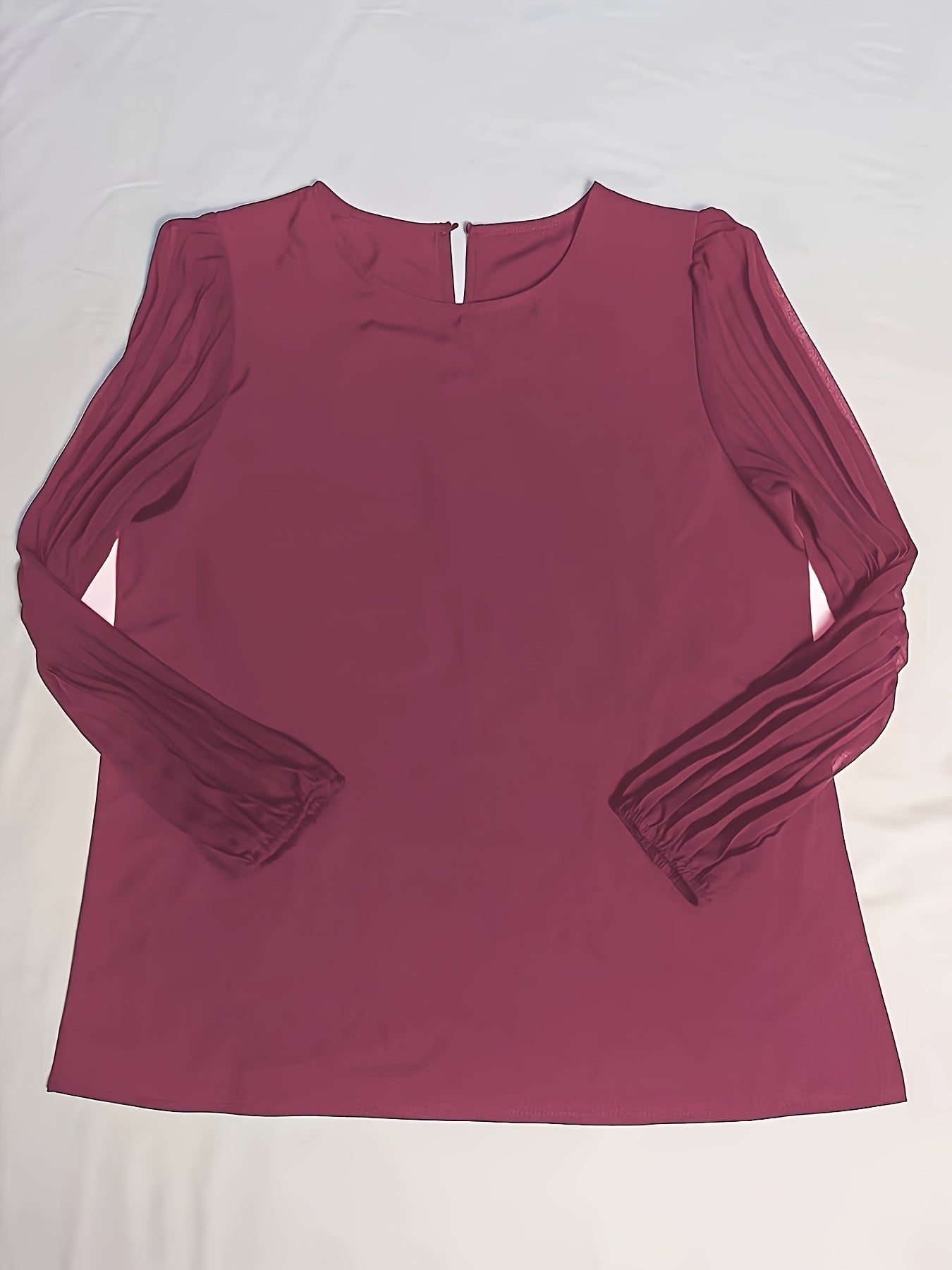 vlovelaw Solid Pleated Blouse, Elegant Crew Neck Long Sleeve Work Office Blouse, Women's Clothing