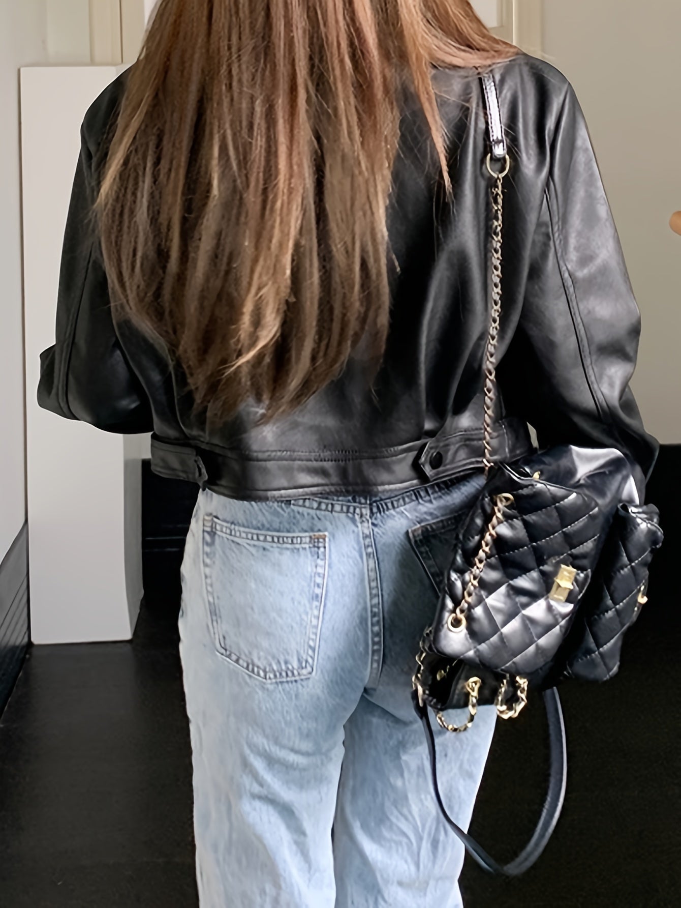 Faux Leather Zip-up Jacket, Casual Long Sleeve Crop Biker Jacket For Fall & Winter, Women's Clothing