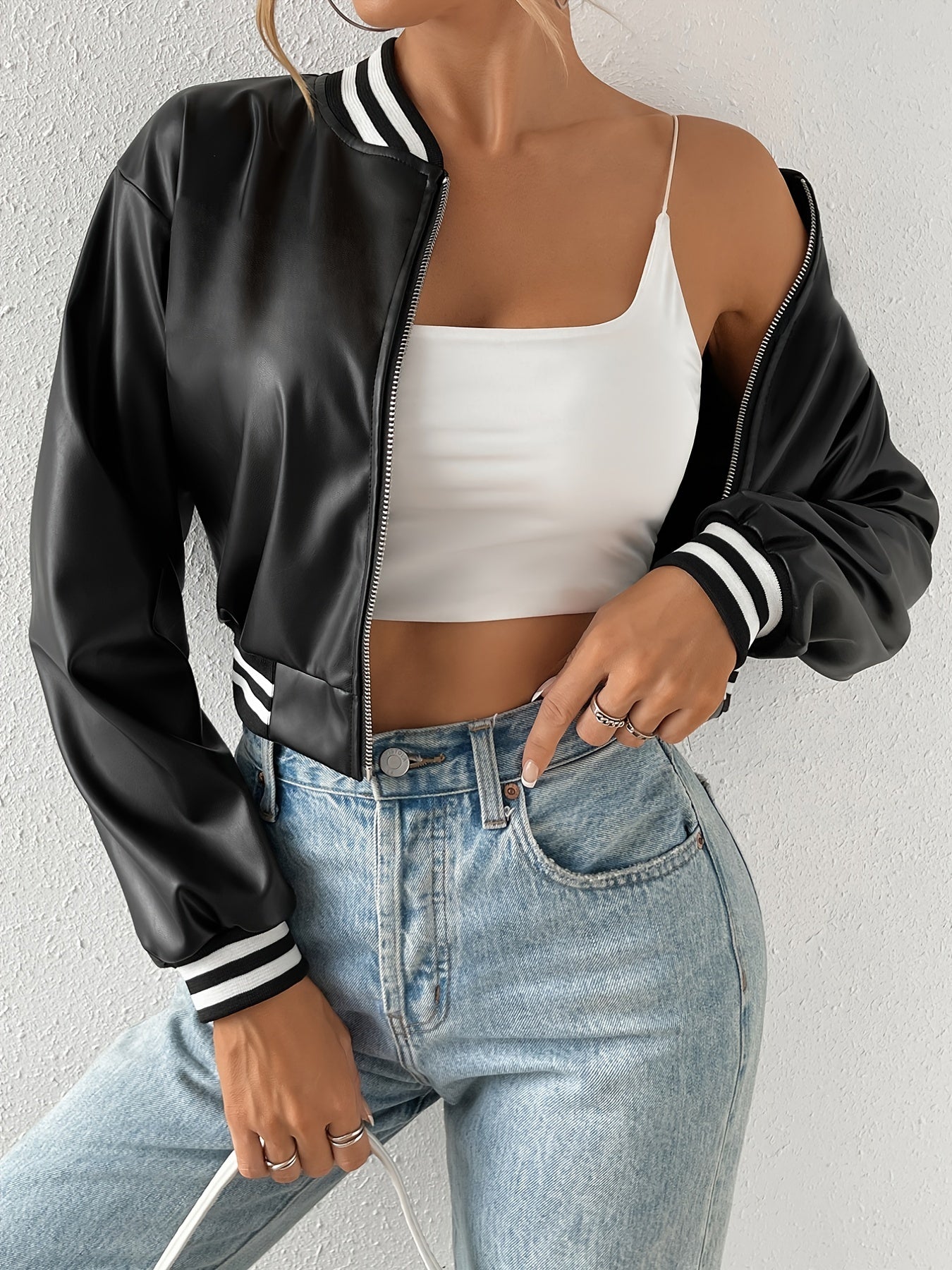 Faux Leather Crop Jacket, Y2K Zip Front Long Sleeve Jacket For Fall & Winter, Women's Clothing