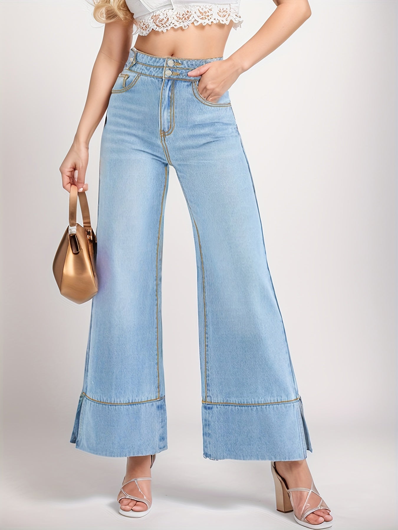 vlovelaw High Waist Casual Baggy Jeans, Double Button High Stretch Wide Legs Jeans, Women's Denim Jeans & Clothing