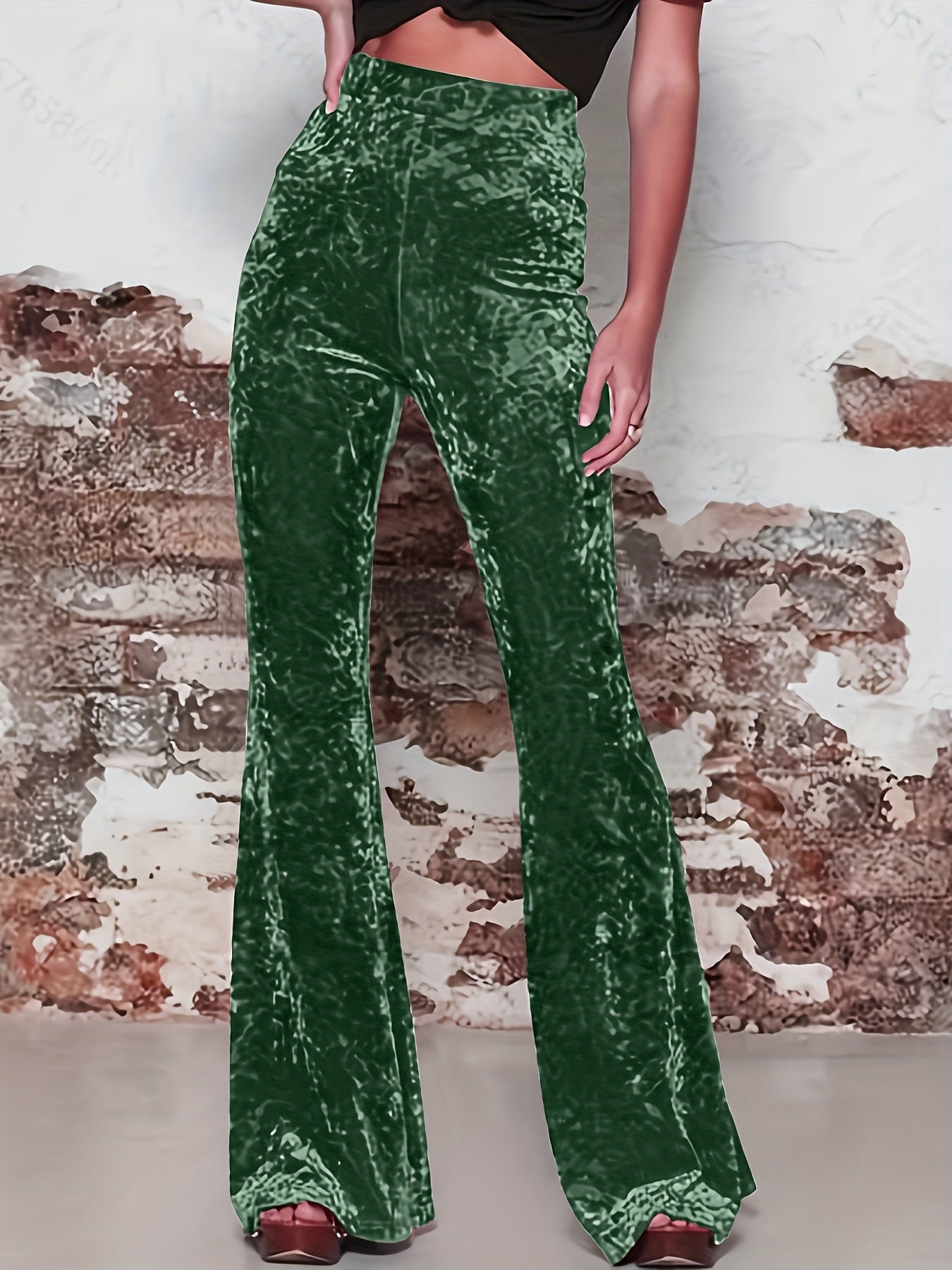 vlovelaw High Waist Solid Velvet Pants, Boho Every Day Flare Leg Pants For All Season, Women's Clothing