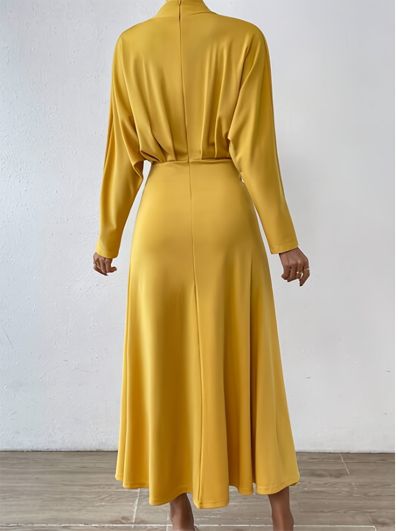 Ruched Solid Maxi Dress, Elegant V Neck Long Sleeve Dress, Women's Clothing