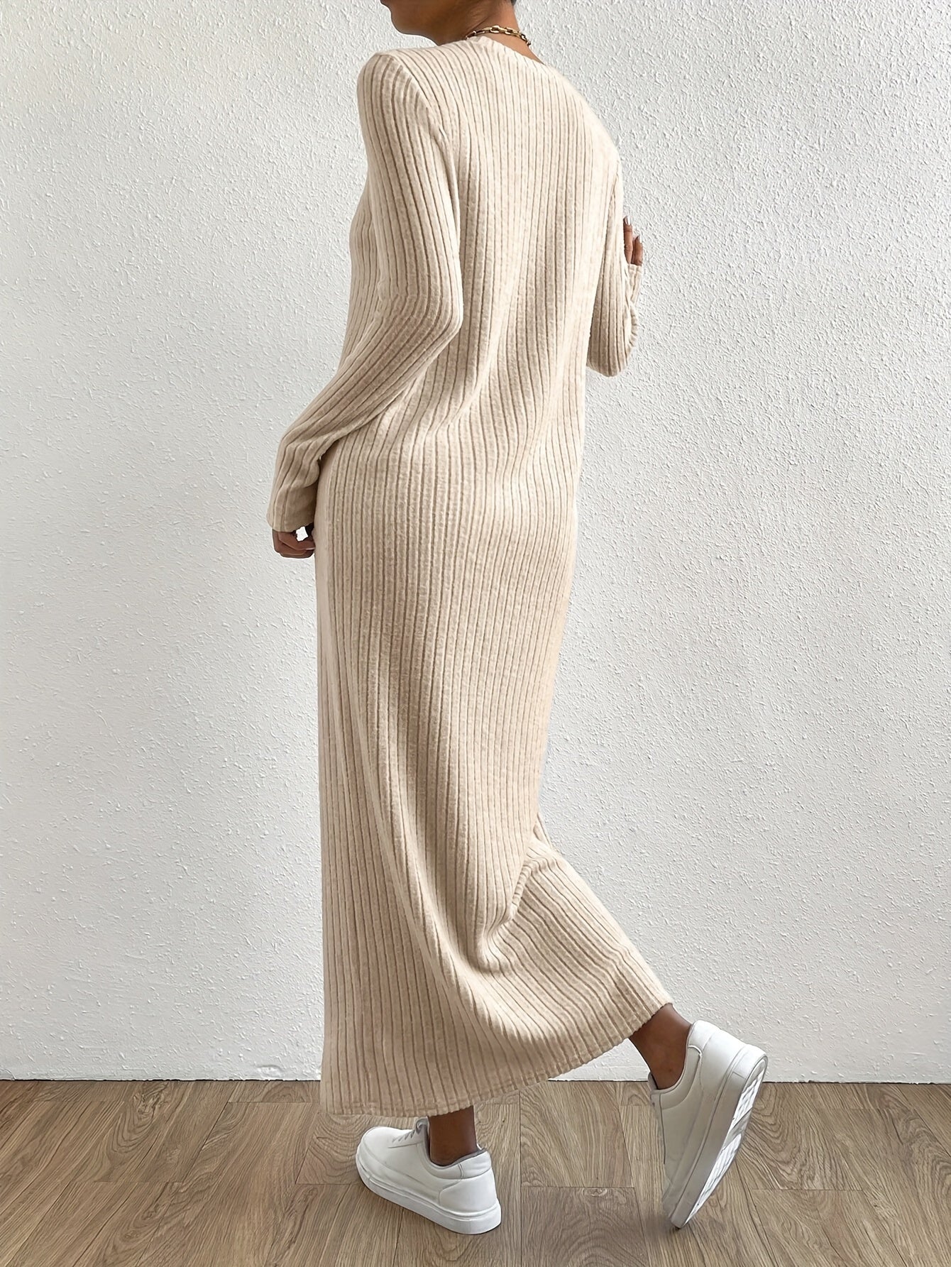 Solid Ribbed Knit Maxi Dress, Casual Crew Neck Long Sleeve Straight Maxi Dress For Fall & Winter, Women's Clothing