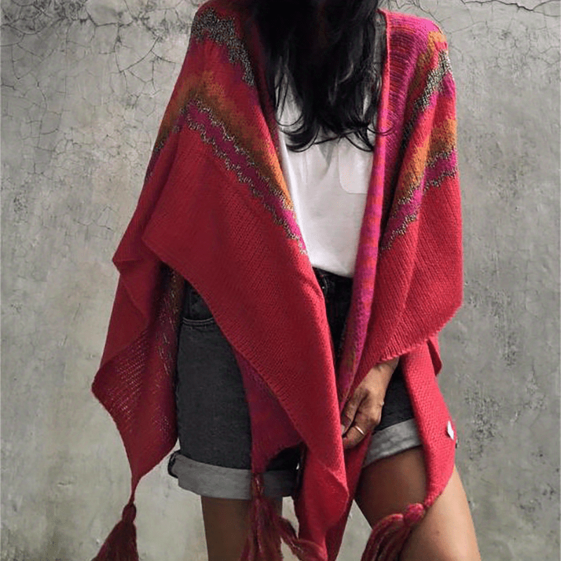 vlovelaw Bohemia Elegant Stretch Shawl Multi-color Striped Knitted Tassel Shawl Casual Warm Travel Outwear Wrap