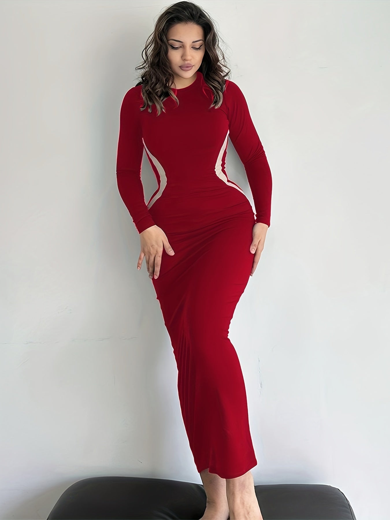 Simple Bodycon Dress, Casual Crew Neck Long Sleeve Maxi Dress, Women's Clothing