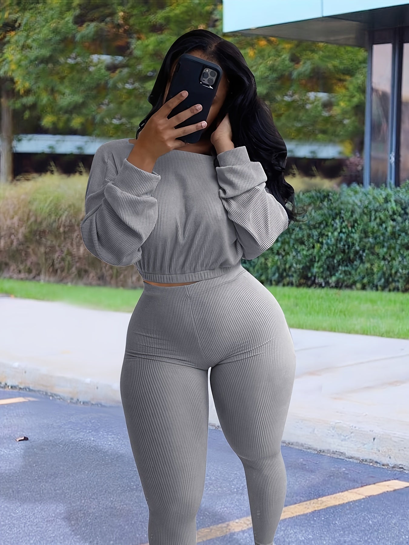 vlovelaw Solid Casual Two-piece Set, Crew Neck Long Sleeve Tops & High Waist Pants Outfits, Women's Clothing