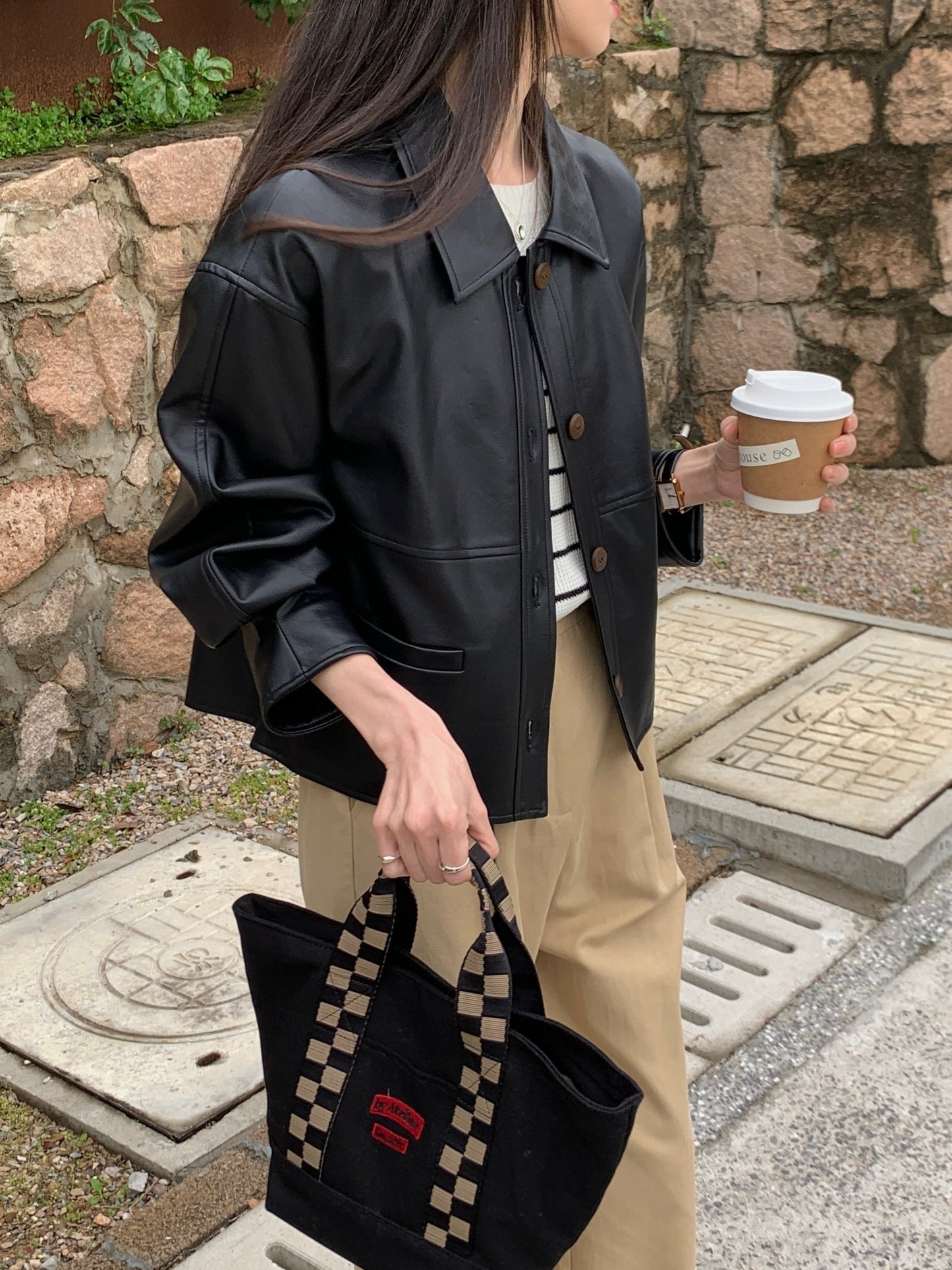 vlovelaw  Solid Cropped PU Jacket, Vintage Button Front Long Sleeve Outerwear, Women's Clothing