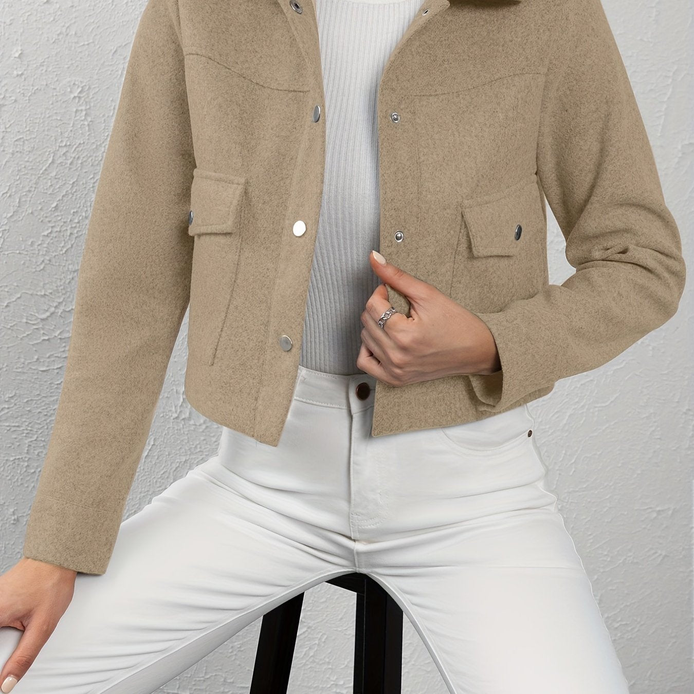 Solid Button Front Lapel Neck Jacket, Casual Long Sleeve Outerwear For Spring & Fall, Women's Clothing