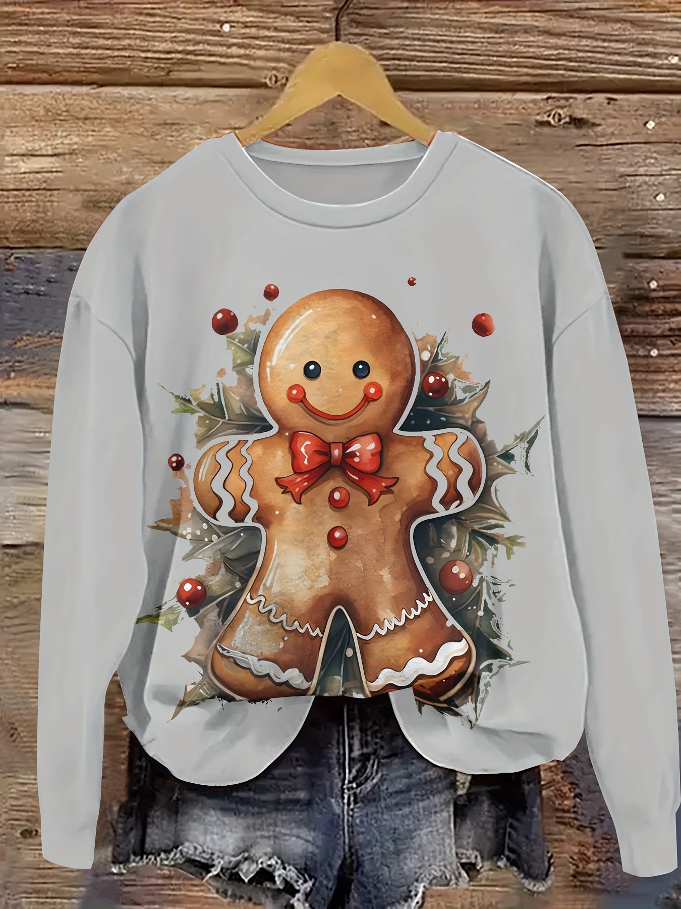 Women's Cute Christmas Gingerbread for Man Print Sweatshirt - Cozy Polyester, Machine Washable, Round Neck Pullover for All Seasons