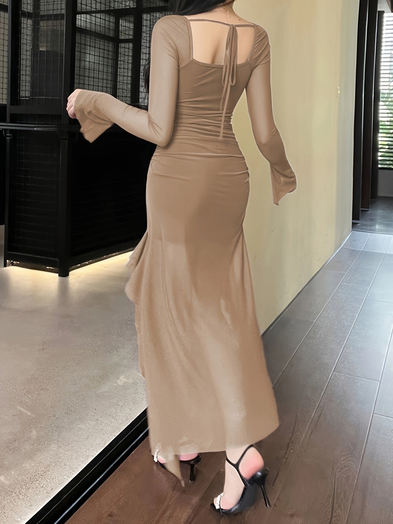 vlovelaw Solid Ruffle Trim Split Asymmetrical Dress, Elegant Flare Sleeve Mesh Ruched Dress, Women's Clothing