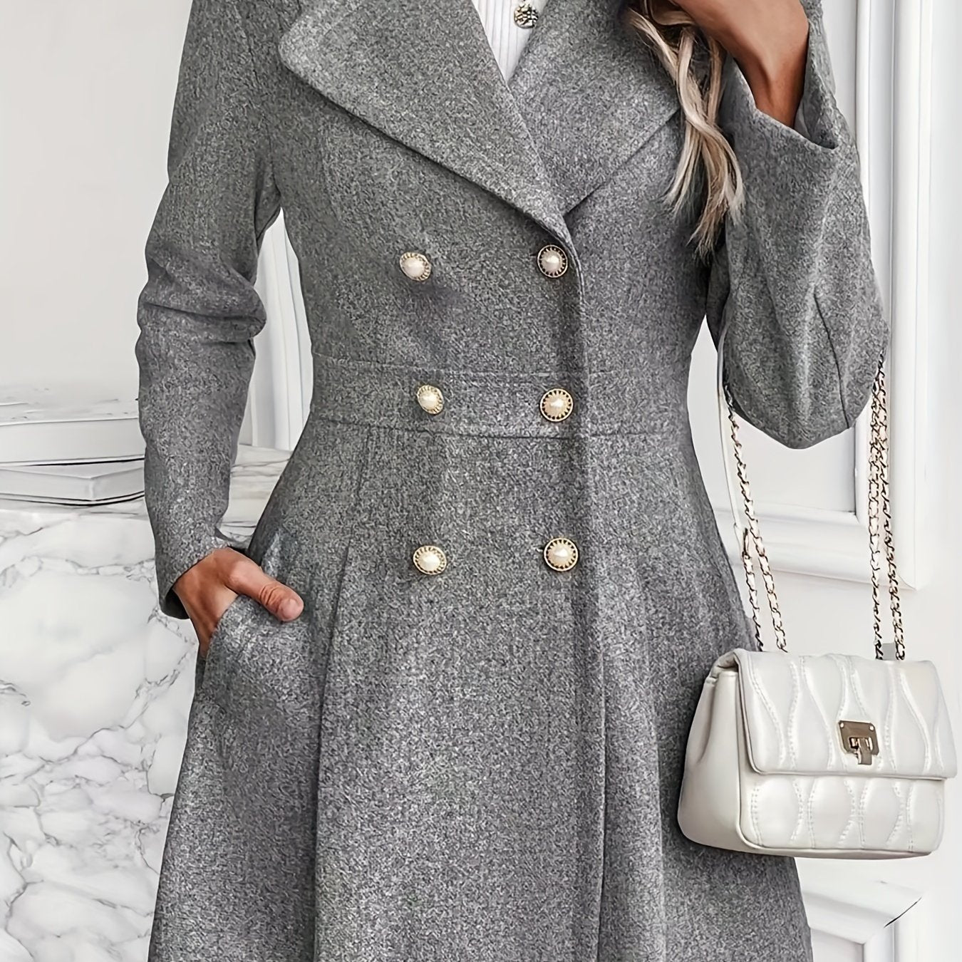 vlovelaw Solid Color Double Breasted Trench Coat, Casual Lapel Neck Long Sleeve Side Pockets Coat, Women's Clothing