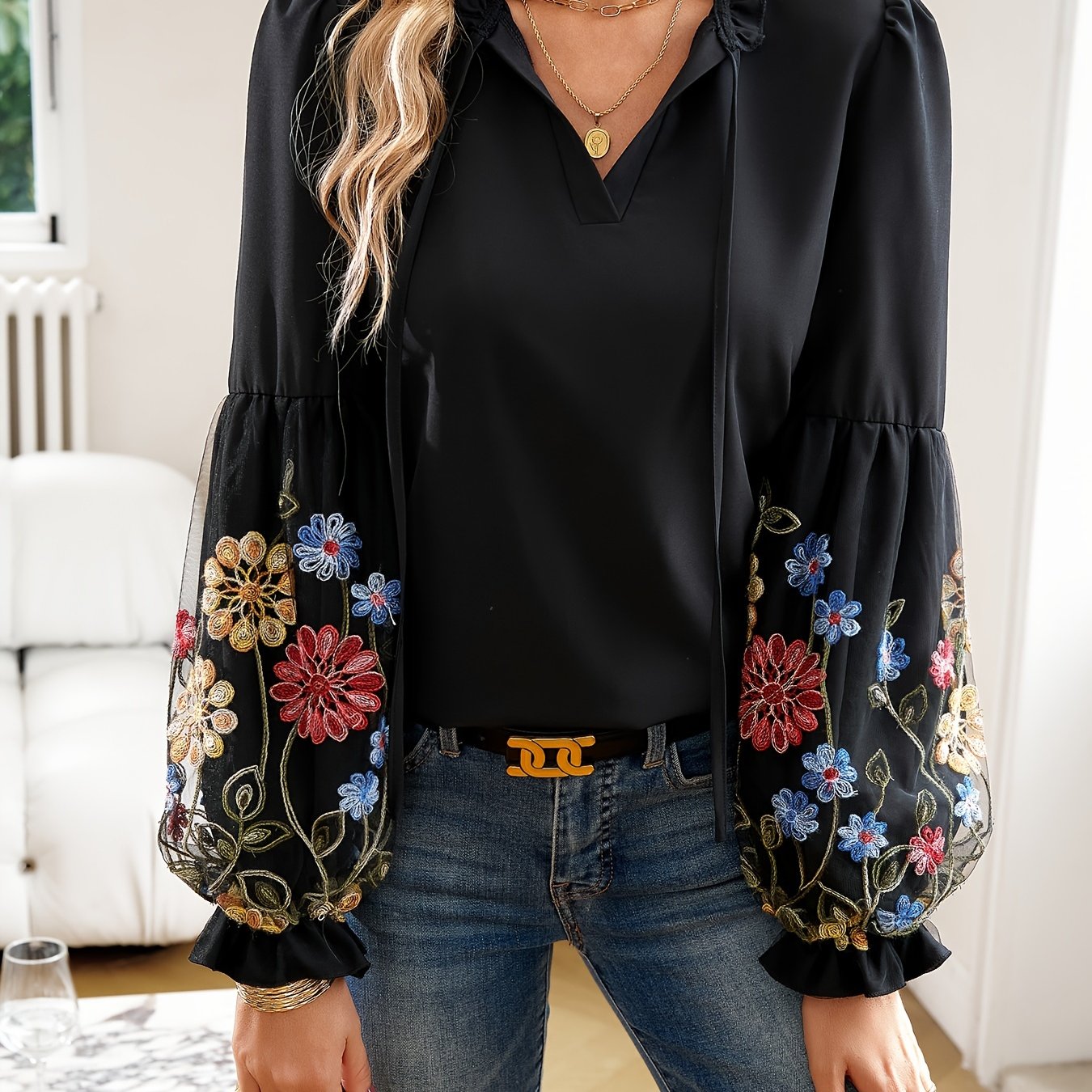 vlovelaw Floral Pattern Tie Neck Blouse, Casual Long Sleeve Blouse For Spring & Fall, Women's Clothing