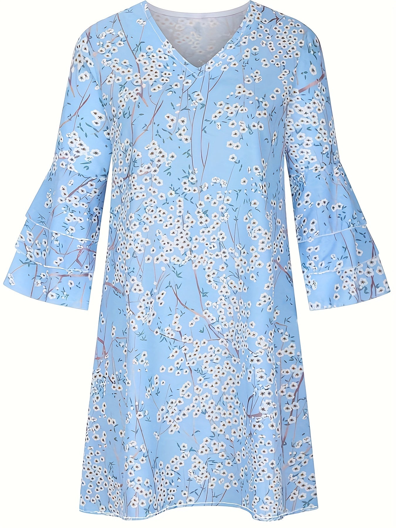 vlovelaw Floral Print Ruffle Hem Dress, Casual Layered V Neck Half Sleeve Dress, Women's Clothing