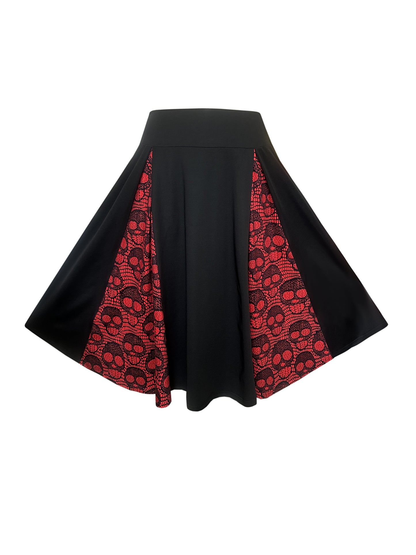 Plus Size Halloween Goth Skirt, Women's Plus Colorblock Skull Print High Rise Medium Stretch A-line Maxi Skirt