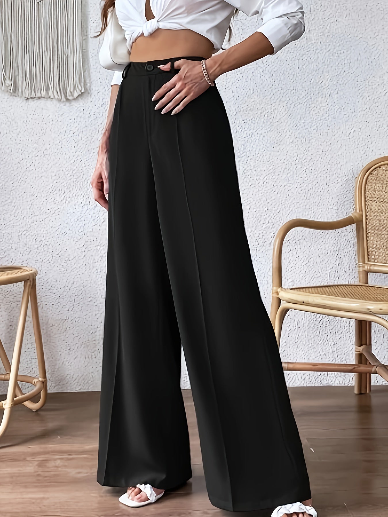 Plus Size Solid Wide Leg Pants, Elegant Loose Pants For Spring & Summer, Women's Plus Size Clothing