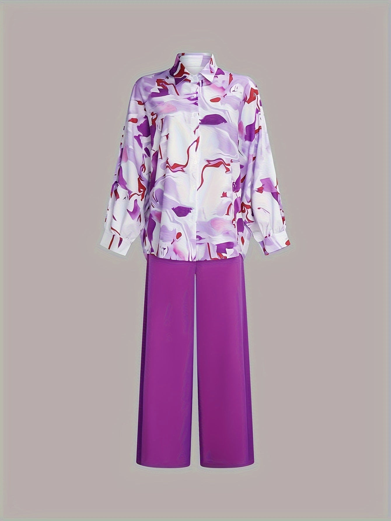 vlovelaw Elegant Two-piece Set, Allover Print Button Front Shirt & Solid High Waist Wide Leg Pants Outfits, Women's Clothing