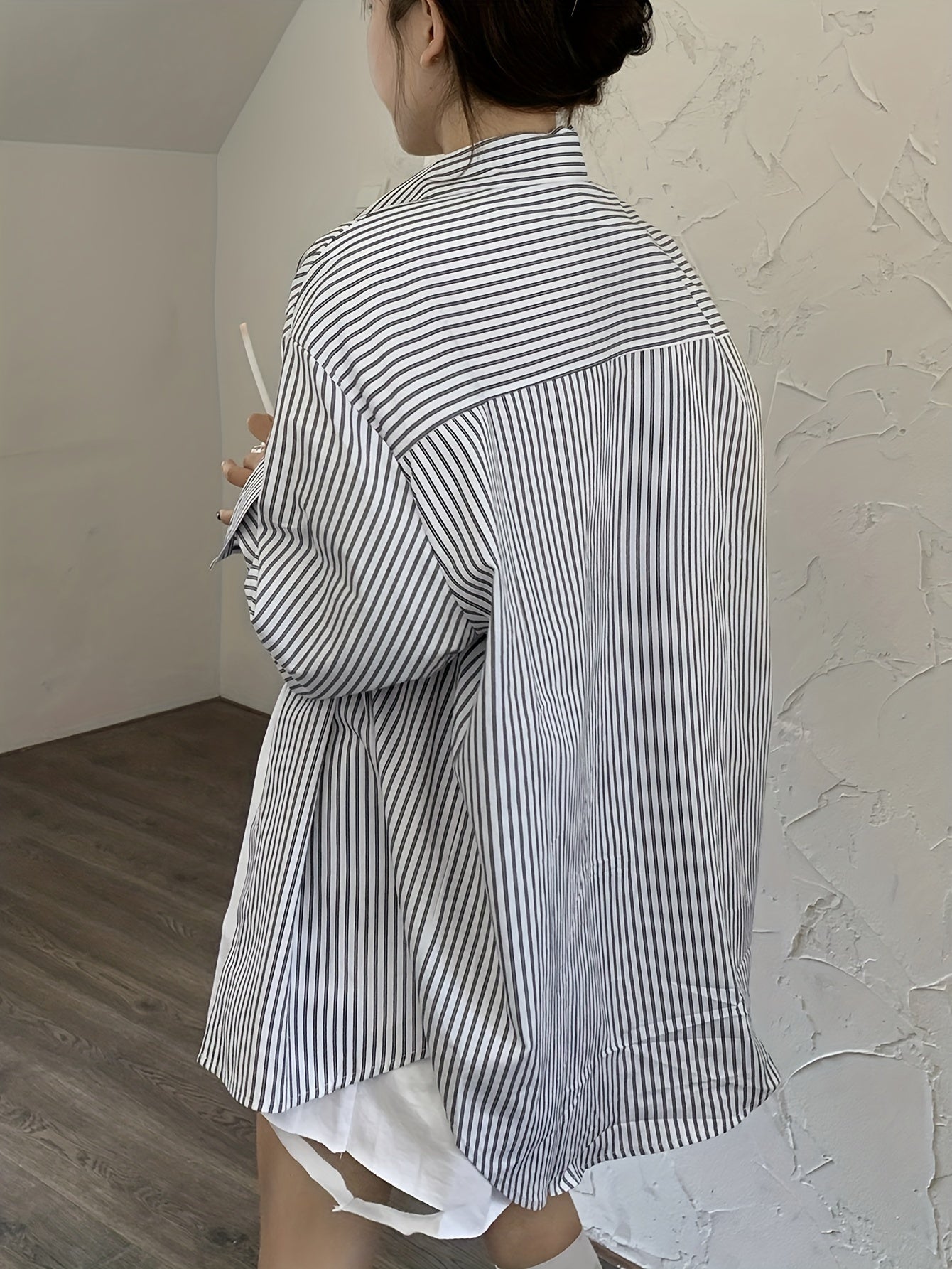 vlovelaw Letter & Stripe Pattern Shirt, Casual Button Front Long Sleeve Shirt, Women's Clothing