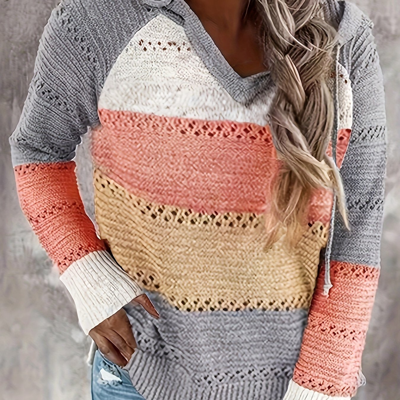 Color Block Hooded Knit Sweater, Vacation Drawstring Long Sleeve Sweater, Women's Clothing