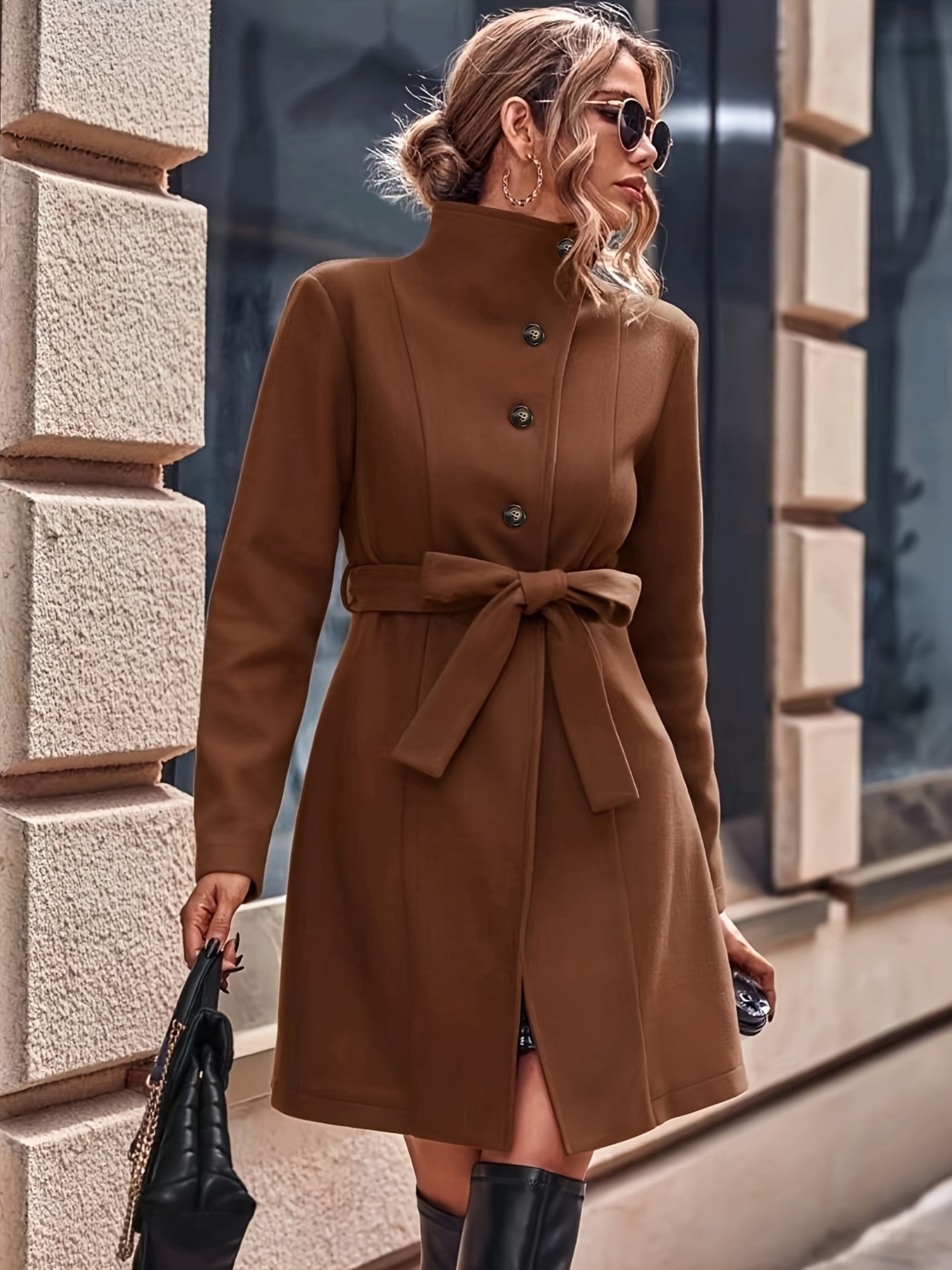 vlovelaw Button Front Solid Coat, Elegant Long Sleeve Fall & Winter Outerwear, Women's Clothing