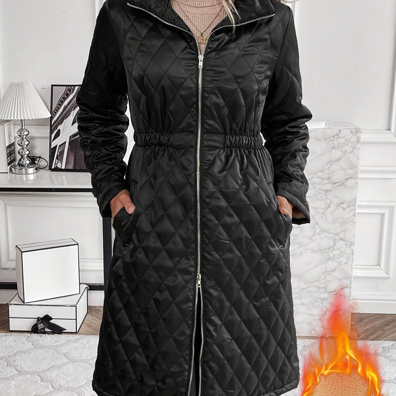 vlovelaw Cinched Waist Zipper Puffy Coat, Casual Thermal Long Sleeve Slant Pockets Lapel Coat For Fall & Winter, Women's Clothing