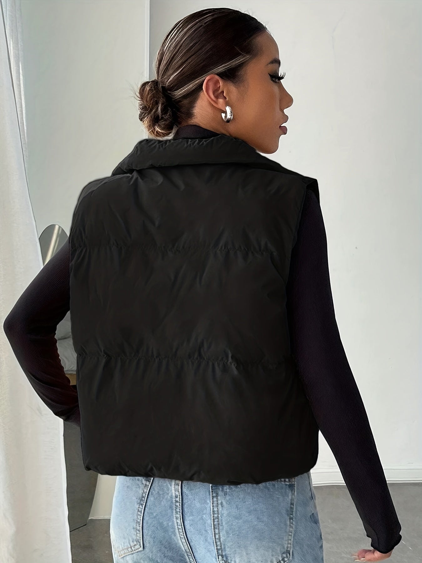 vlovelaw Solid Zip Up Cotton-padded Coat, Casual Sleeveless Outwear, Women's Clothing