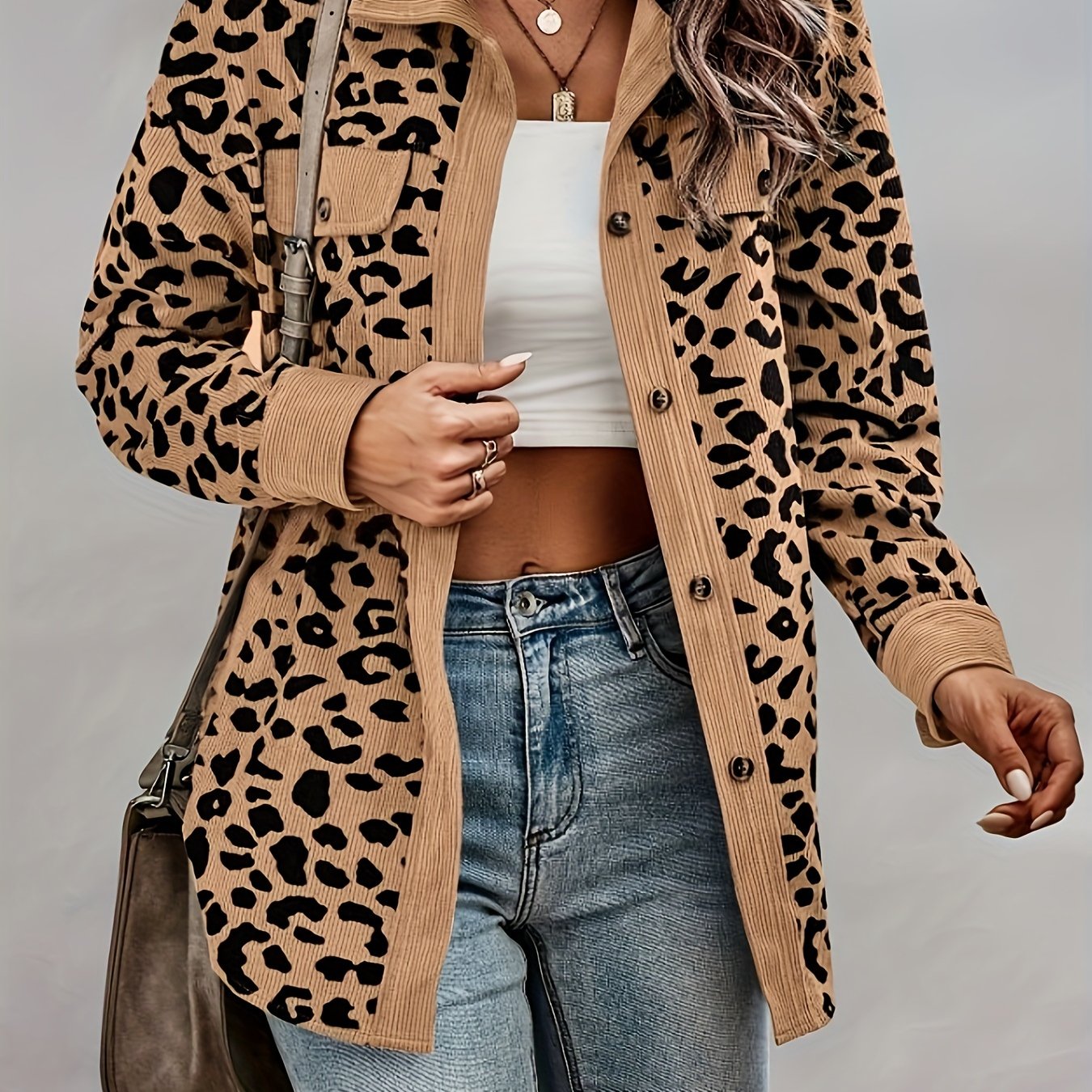 vlovelaw Leopard Print Shacket Jacket, Casual Button Front Turn Down Collar Long Sleeve Outerwear, Women's Clothing