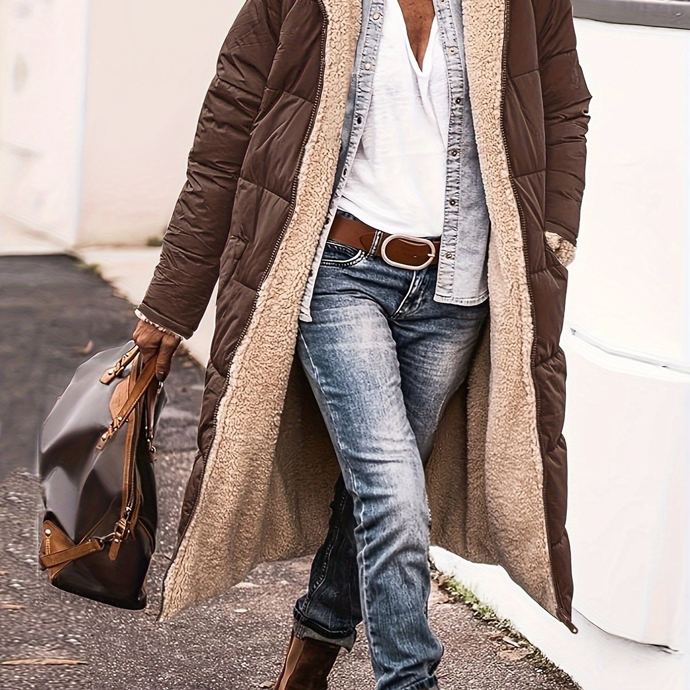 vlovelaw Zipper Front Color Block Coat, Versatile Long Sleeve Thermal Winter Outwear, Women's Clothing