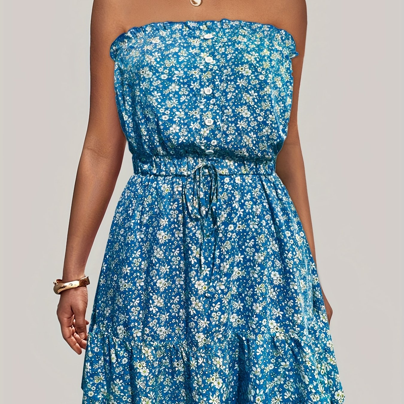 Ditsy Floral Off Shoulder Dress, Sexy Sleeveless Drawstring Summer Dress, Women's Clothing