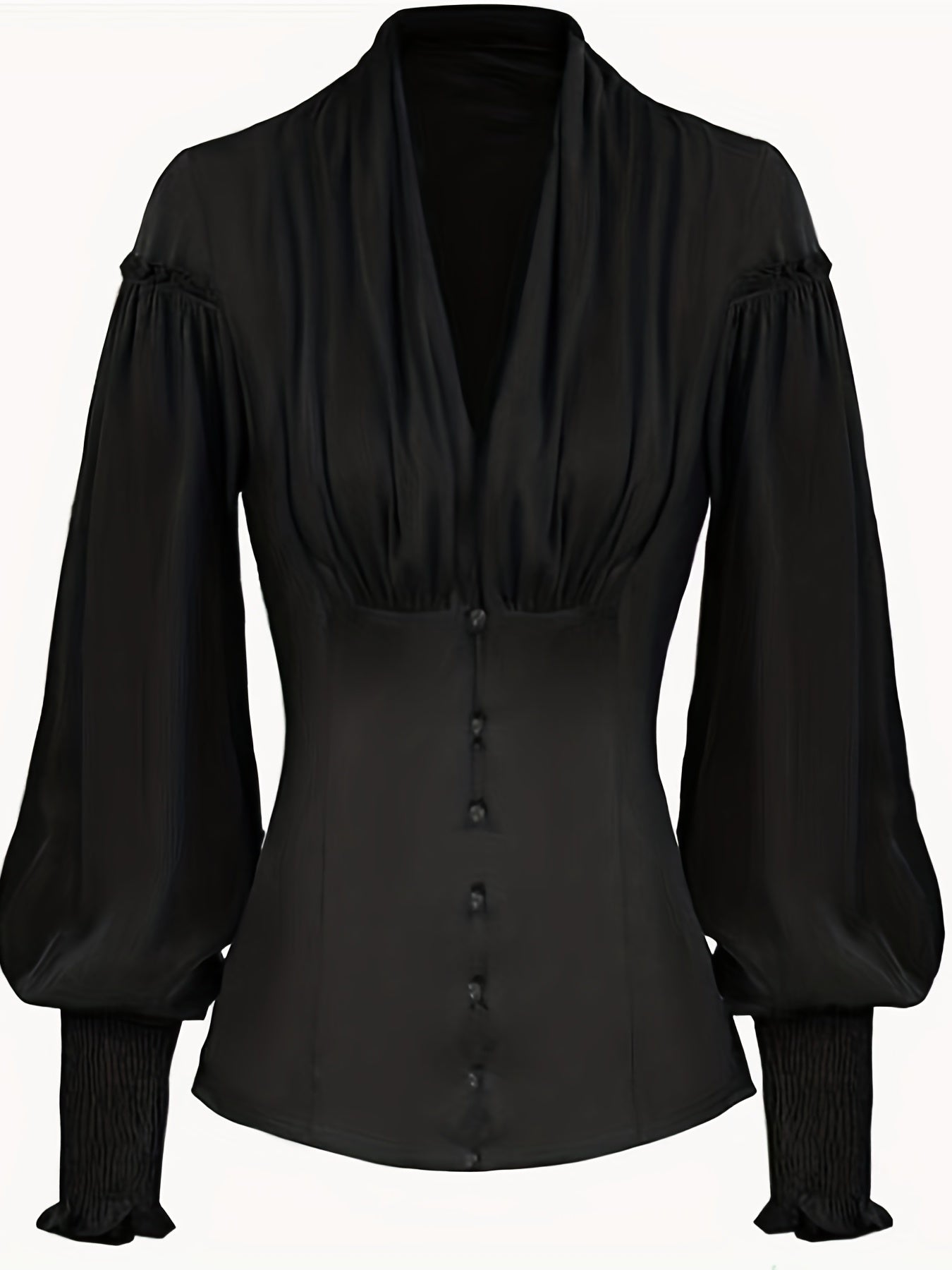 Ruched V Neck Tunic Blouse, Stylish Shirred Lantern Sleeve Victorian Blouse, Women's Clothing
