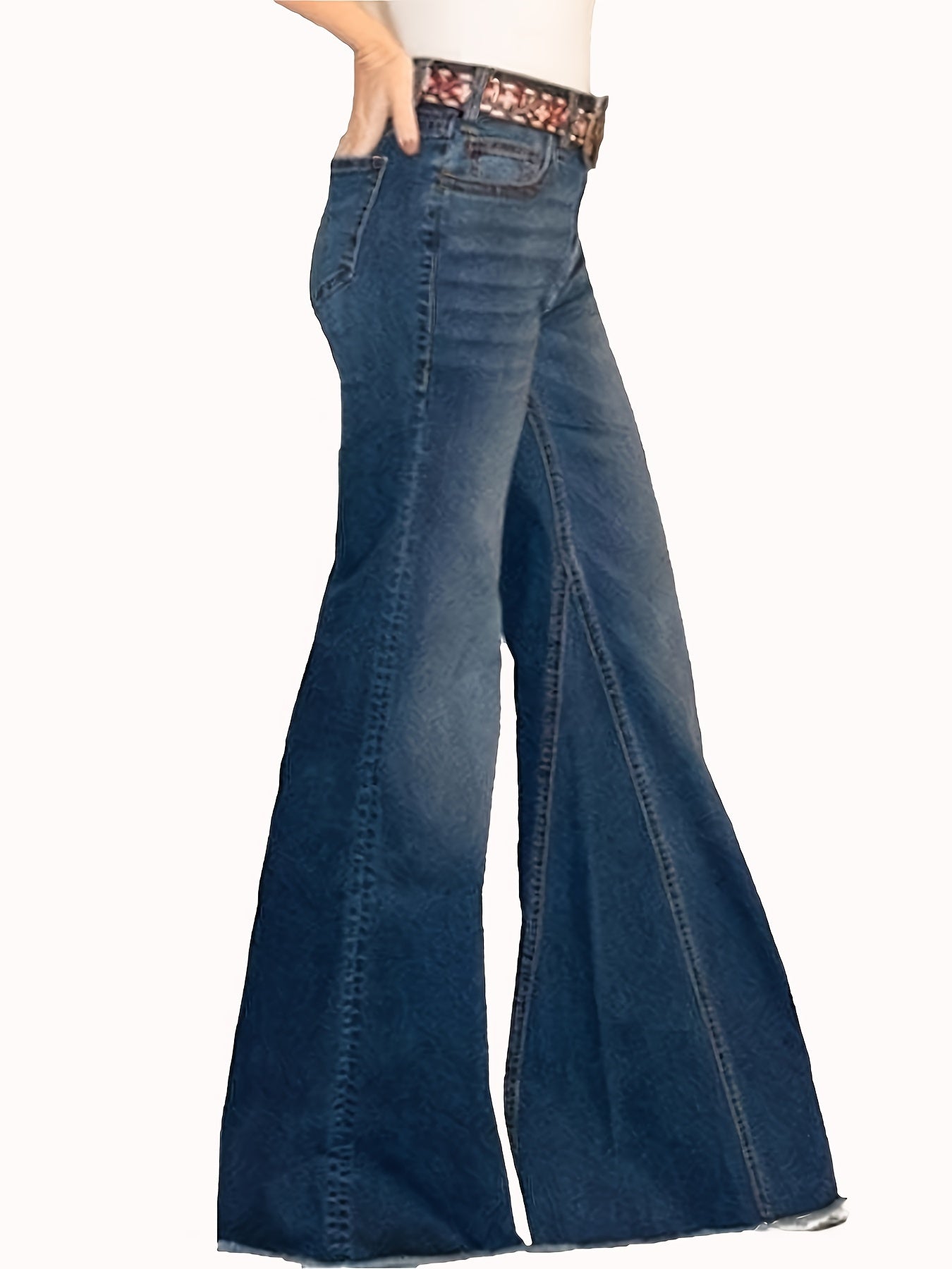 Plus Size Casual Jeans, Women's Plus Washed Button Fly High Stretch High Rise Flared Leg Jeans