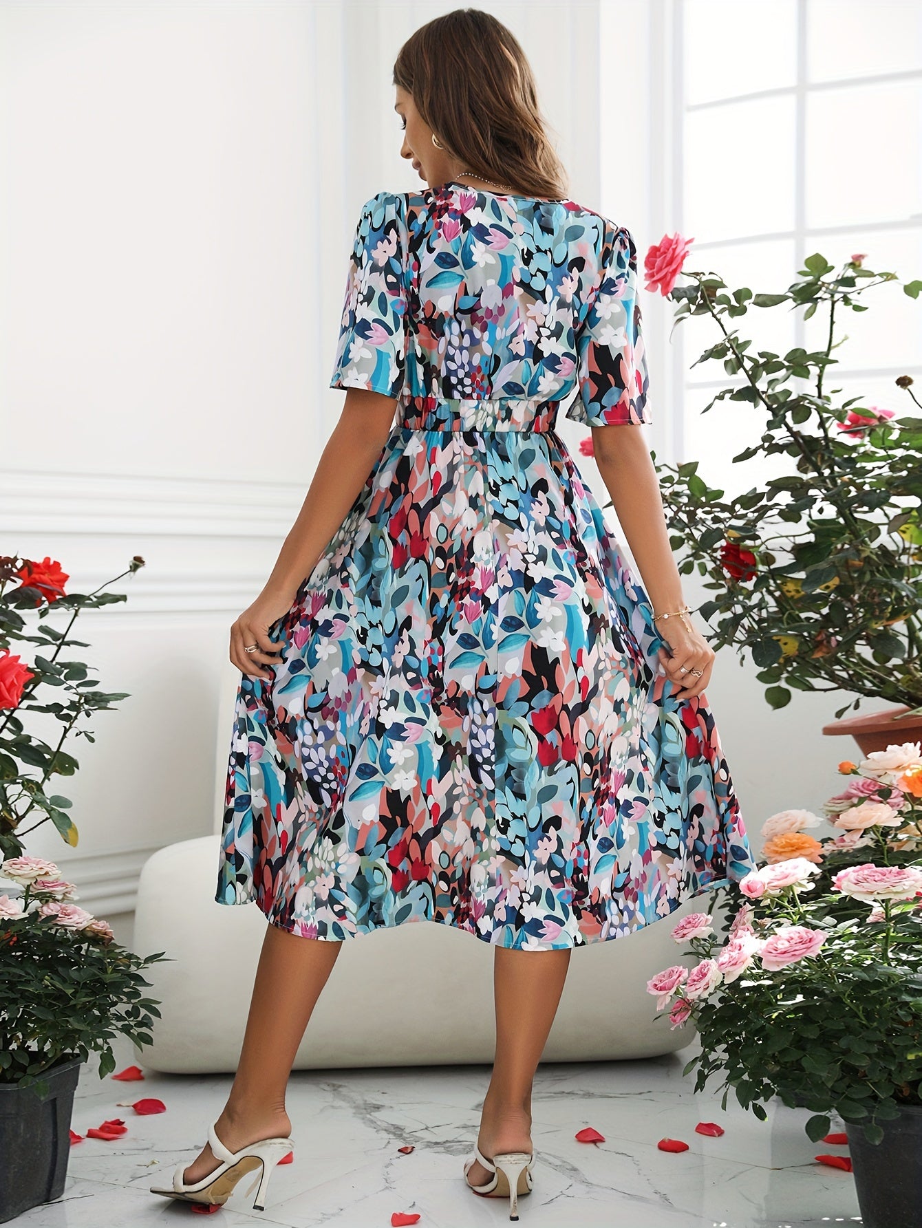 vlovelaw Floral Print V Neck Dress, Elegant Short Sleeve Dress For Spring & Summer, Women's Clothing
