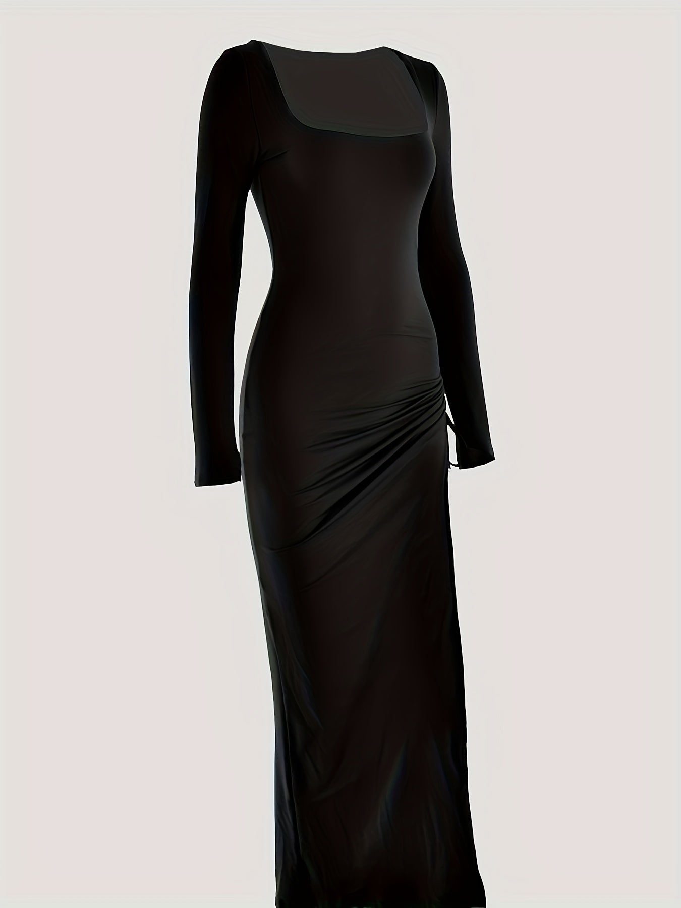 Drawstring Split Thigh Dress, Sexy Squared Neck Long Sleeve Dress, Women's Clothing