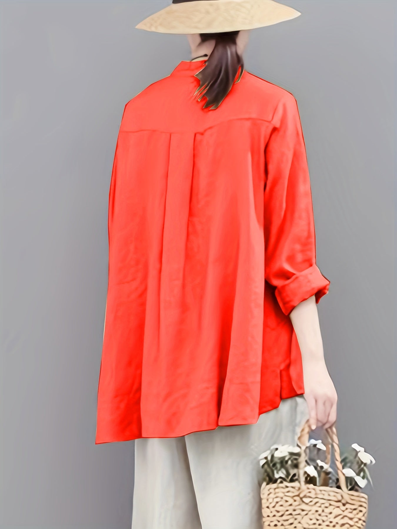 Chinese Retro Embroidered T-Shirt, Long Sleeve Button Up High Neck Casual Top For Spring & Summer, Women's Clothing