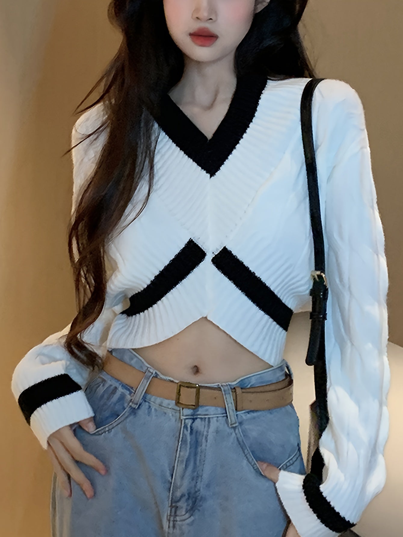 vlovelaw Color Block V Neck Pullover Sweater, Casual Long Sleeve Drop Shoulder Sweater, Women's Clothing